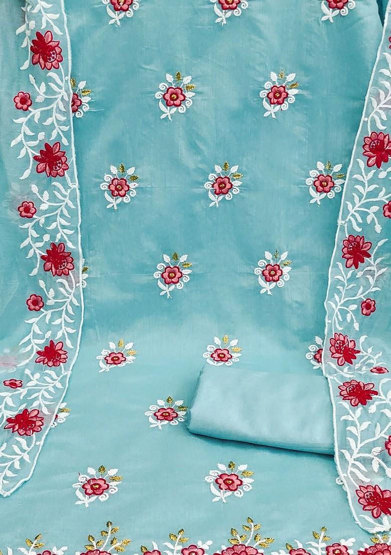 Turquoise Blue Floral Embroidered Poly Blend Kurta Set