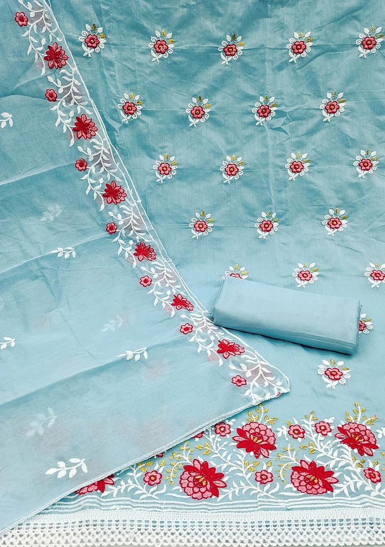 Turquoise Blue Floral Embroidered Poly Blend Kurta Set