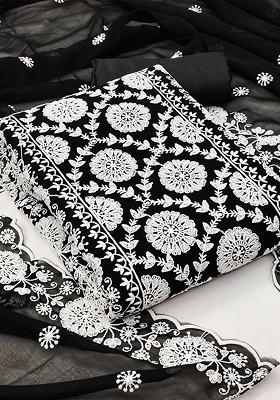 Black Floral Embroidered Poly Blend Kurta Set