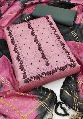 Pink Floral Embroidered Poly Blend Kurta Set