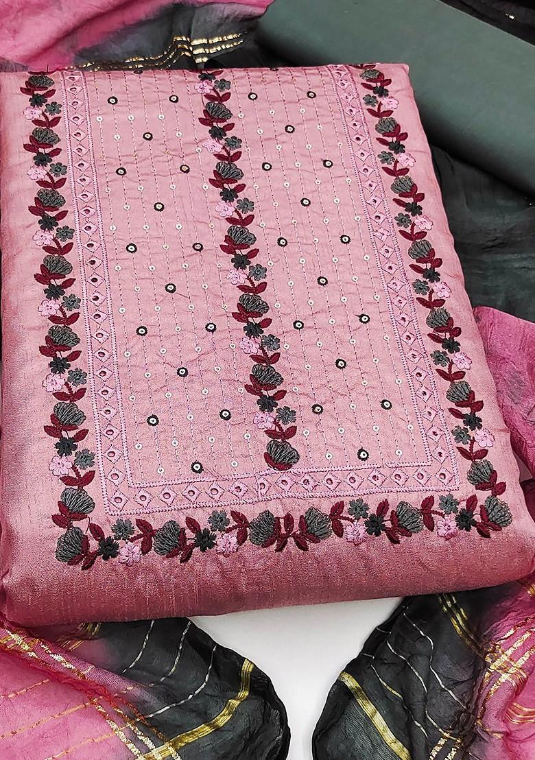 Pink Floral Embroidered Poly Blend Kurta Set
