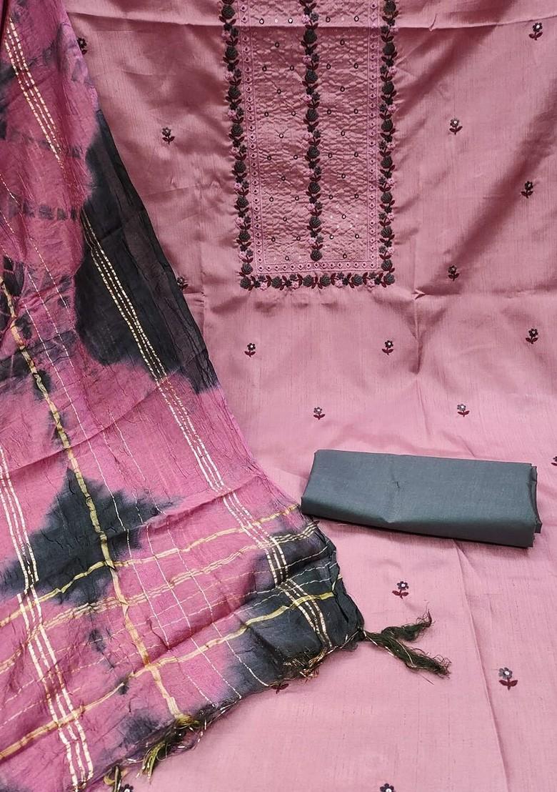 Pink Floral Embroidered Poly Blend Kurta Set