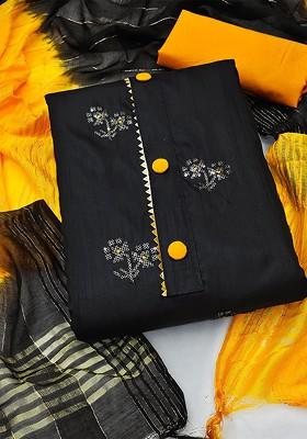 Black Floral Embroidered Poly Blend Kurta Set