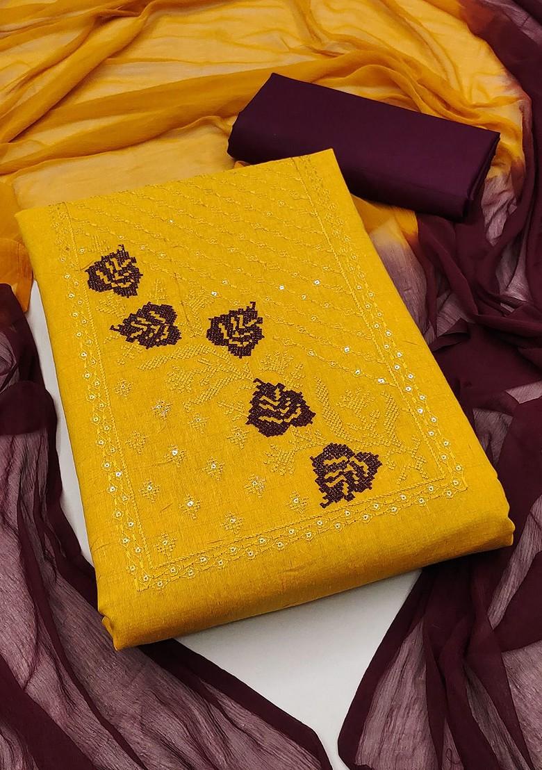 Yellow Floral Embroidered Pure Cotton Kurta Set