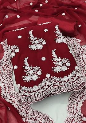 Red Floral Embroidered Poly Blend Kurta Set