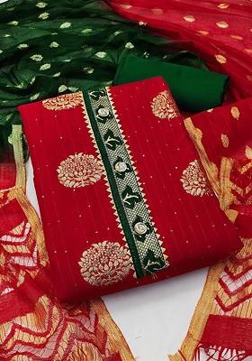 Red Floral Woven Design Poly Blend Kurta Set