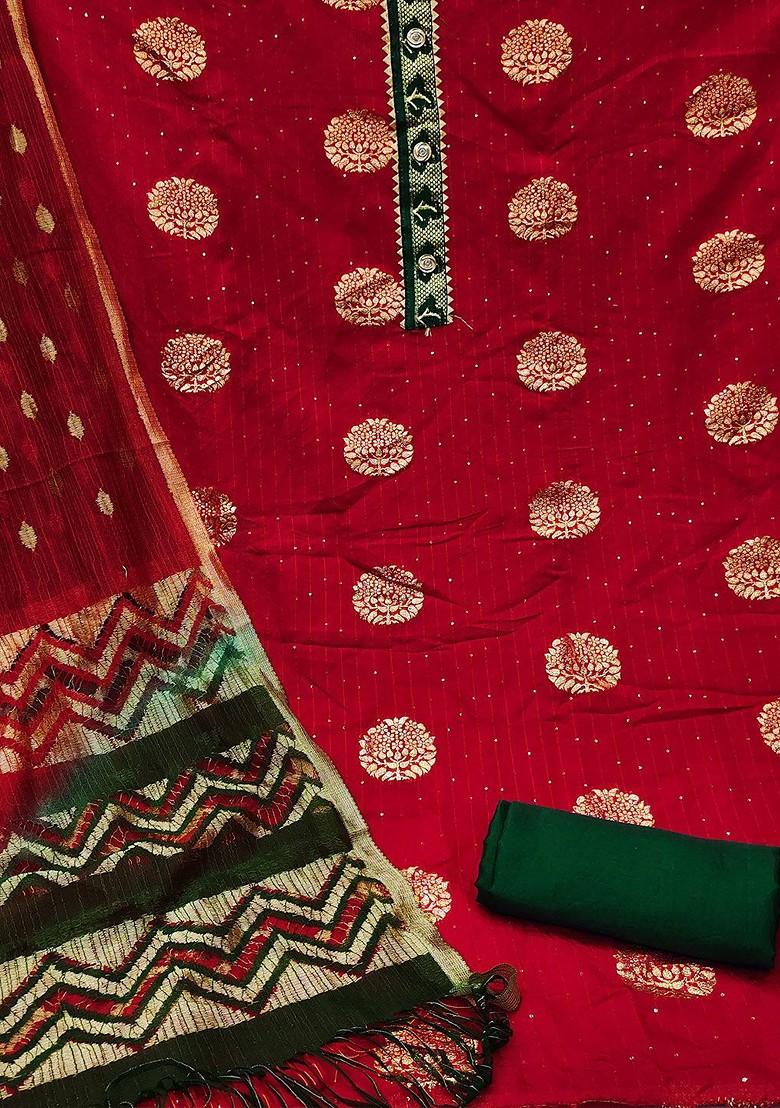 Red Floral Woven Design Poly Blend Kurta Set