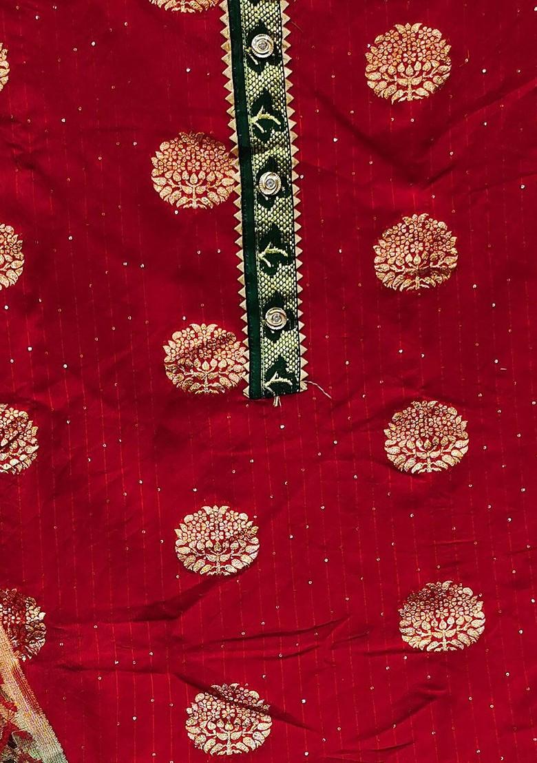 Red Floral Woven Design Poly Blend Kurta Set
