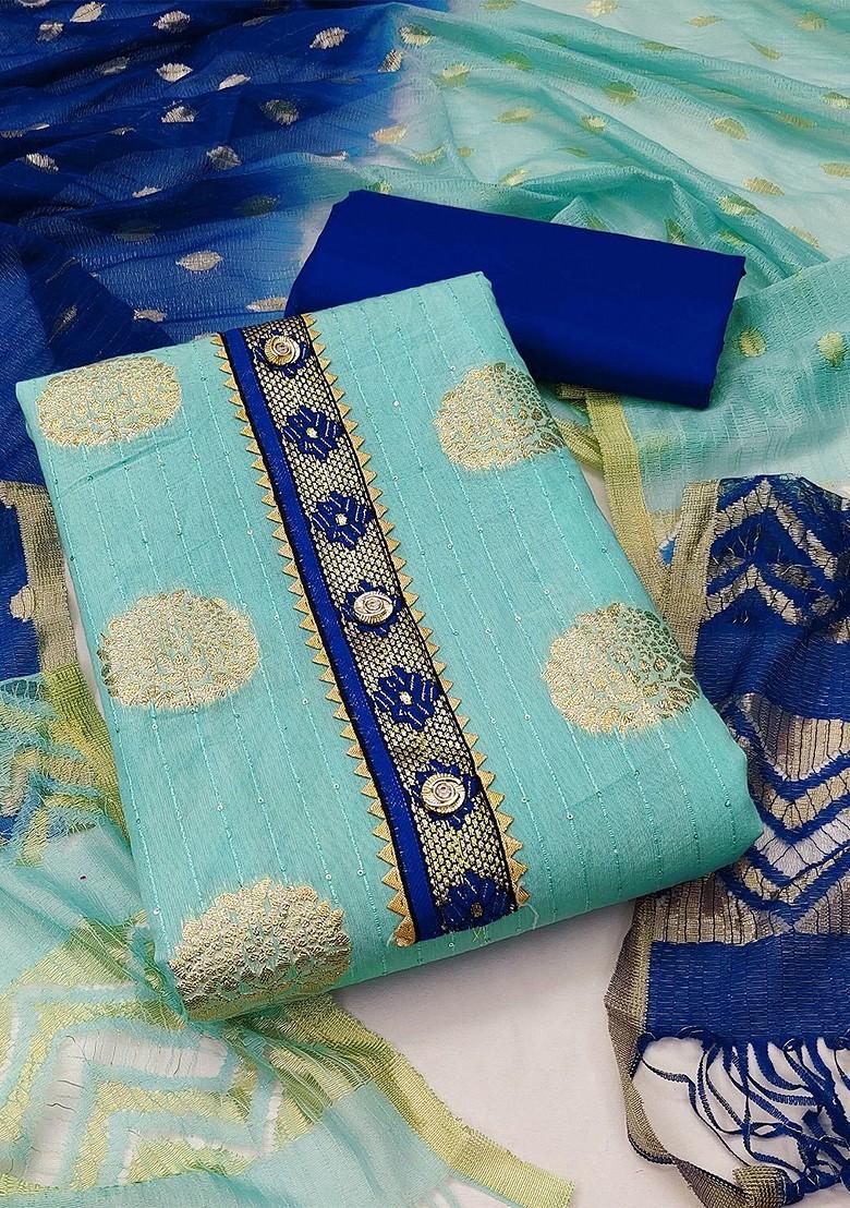 Sea Green Ethnic Motifs Woven Poly Blend Kurta Set