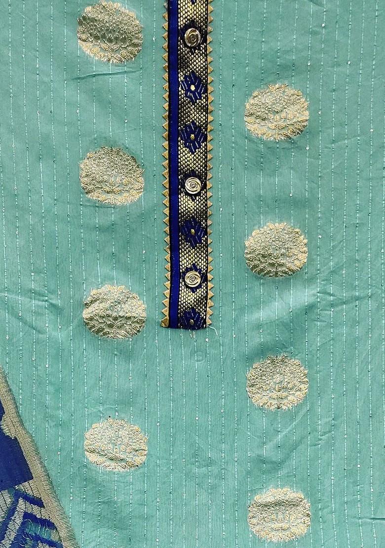 Sea Green Ethnic Motifs Woven Poly Blend Kurta Set