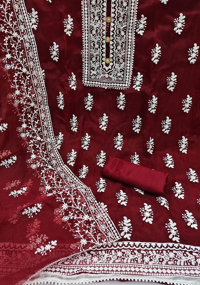 Maroon Floral Embroidered Organza Kurta Set