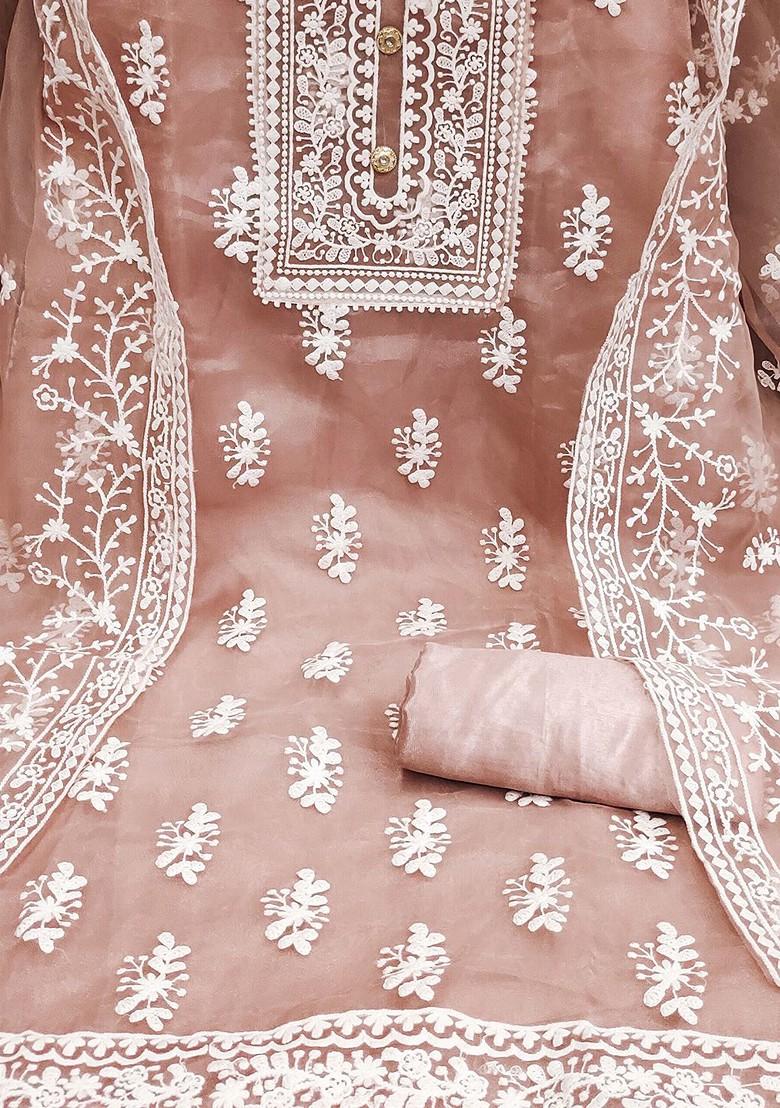 Peach Floral Embroidered Organza Kurta Set