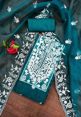 Teal Blue Floral Embroidered Organza Kurta Set