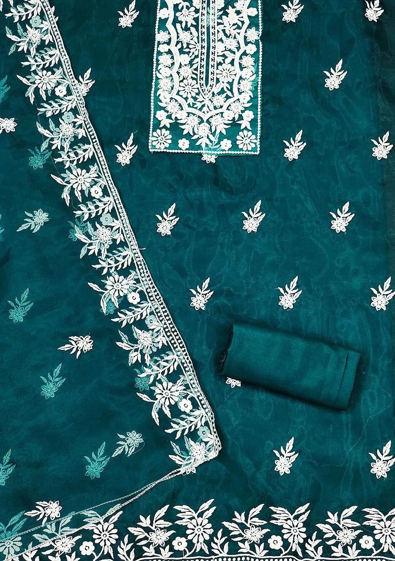 Teal Blue Floral Embroidered Organza Kurta Set