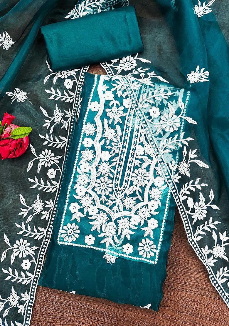 Teal Blue Floral Embroidered Organza Kurta Set