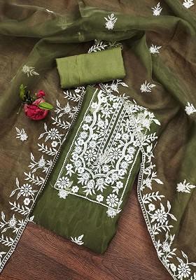 Olive Green Floral Embroidered Organza Kurta Set
