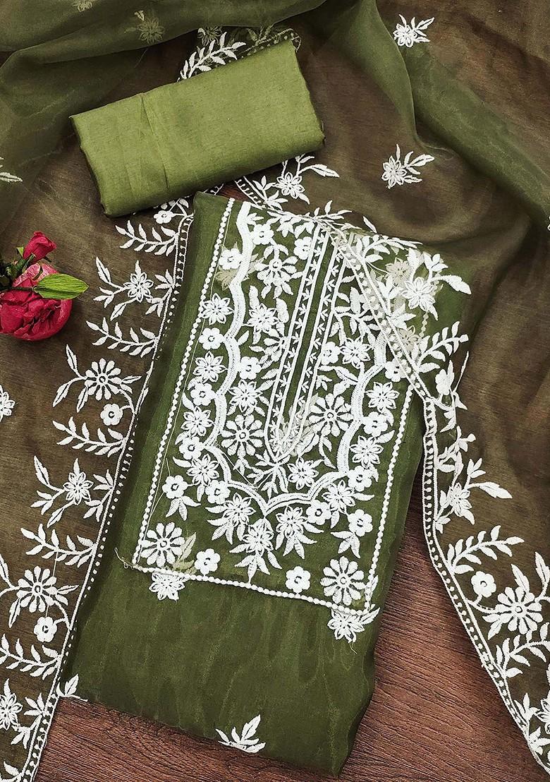 Olive Green Floral Embroidered Organza Kurta Set