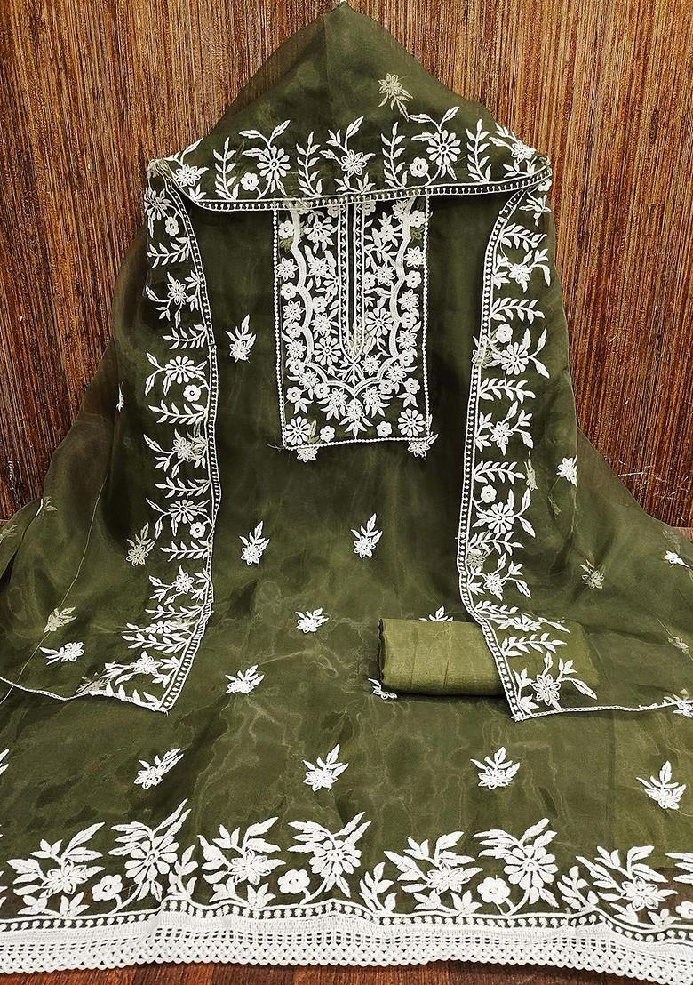 Olive Green Floral Embroidered Organza Kurta Set