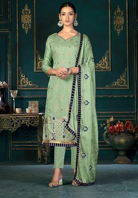 Olive Green Floral Embroidered Poly Blend Kurta Set