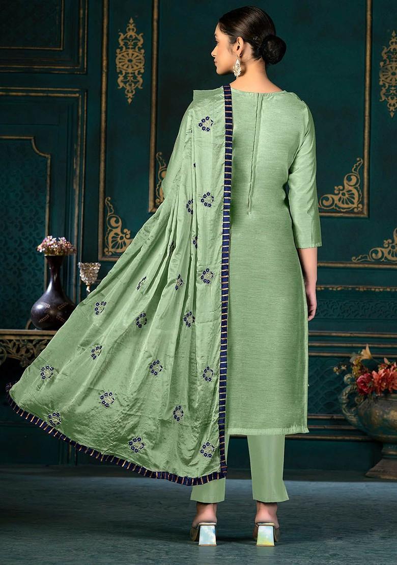 Olive Green Floral Embroidered Poly Blend Kurta Set