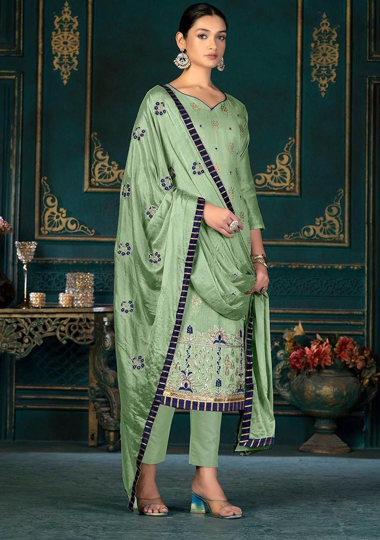 Olive Green Floral Embroidered Poly Blend Kurta Set