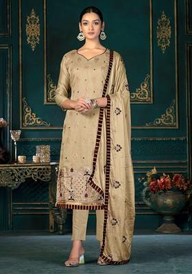 Mustard Yellow Floral Embroidered Poly Blend Kurta Set