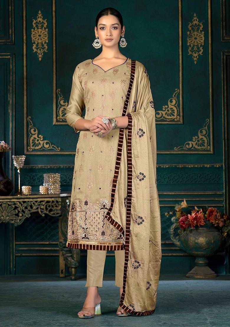 Mustard Yellow Floral Embroidered Poly Blend Kurta Set