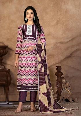 Purple Geometric Print Poly Blend Kurta Set