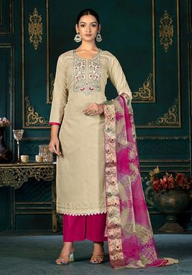 Beige Floral Embroidered Poly Blend Kurta Set
