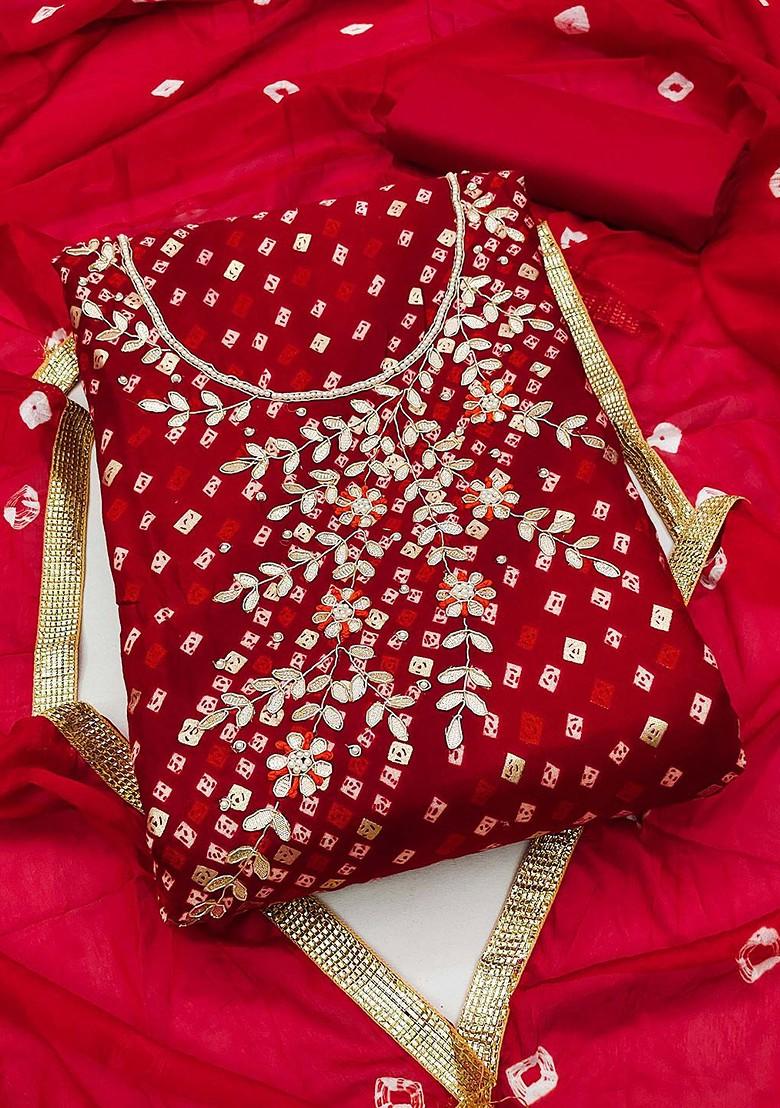Red Bandhani Print Poly Blend Kurta Set