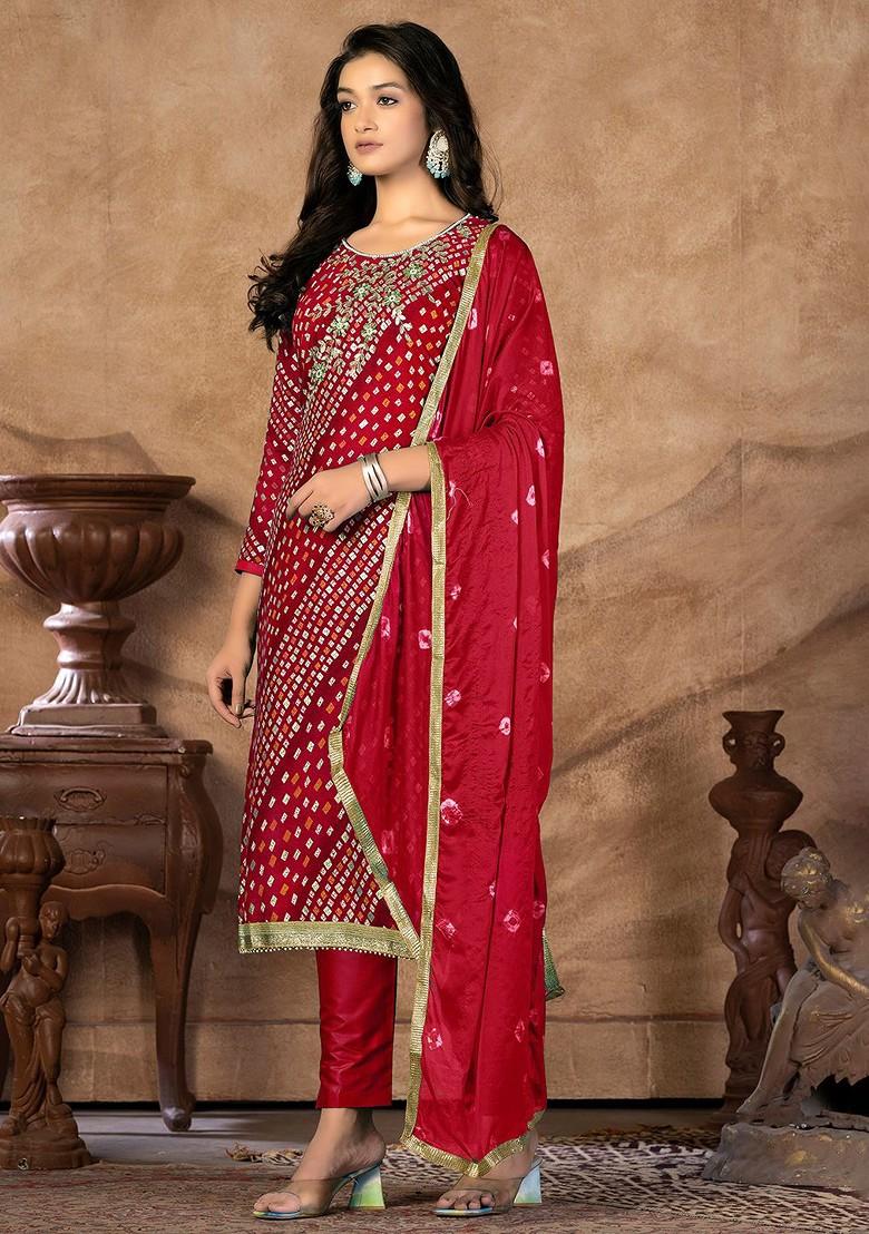 Red Bandhani Print Poly Blend Kurta Set