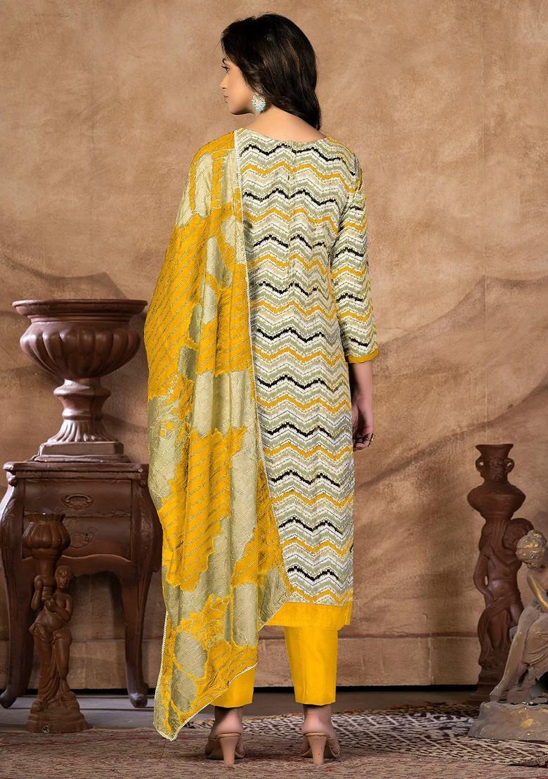 Yellow Geometric Print Poly Blend Kurta Set