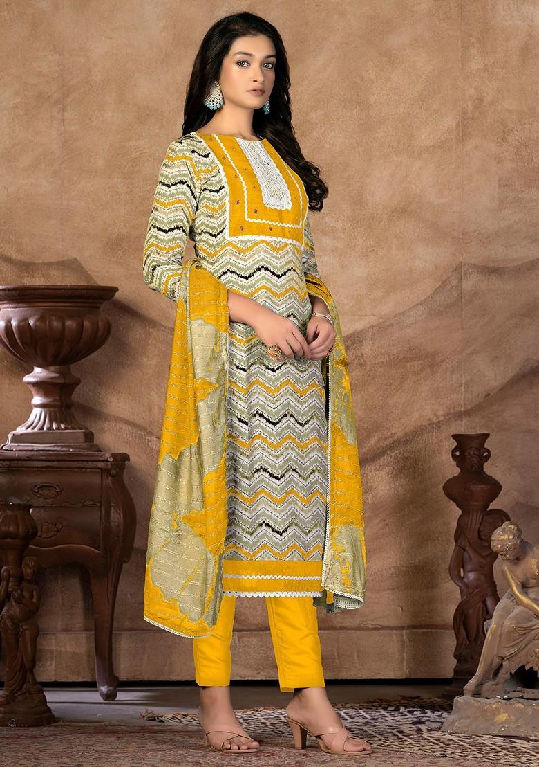 Yellow Geometric Print Poly Blend Kurta Set