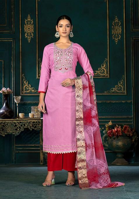 Pink Embroidered Poly Blend Kurta Set