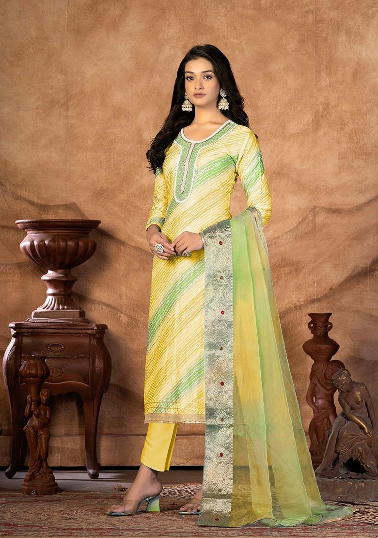 Yellow Printed Embroidered Poly Blend Kurta Set