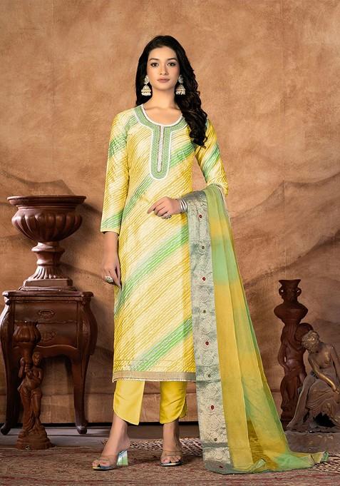 Yellow Printed Embroidered Poly Blend Kurta Set