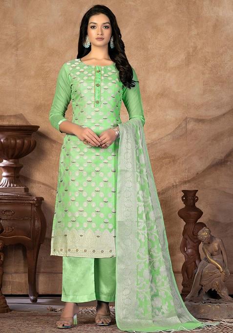 Green Ethnic Motifs Woven Poly Blend Kurta Set