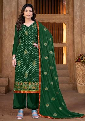 Green Ethnic Motifs Embroidered Poly Blend Kurta Set