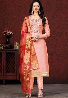 Peach Embroidered Poly Blend Kurta Set