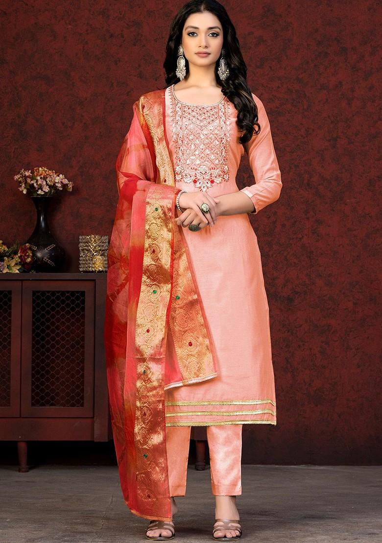 Peach Embroidered Poly Blend Kurta Set
