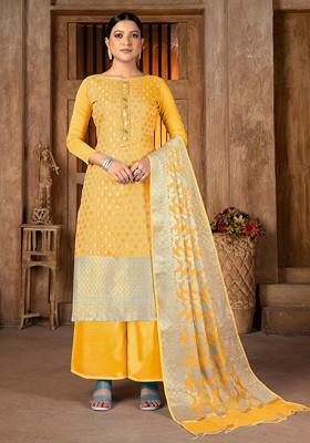 Yellow Ethnic Motifs Woven Poly Blend Kurta Set
