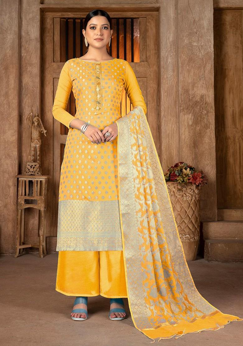 Yellow Ethnic Motifs Woven Poly Blend Kurta Set