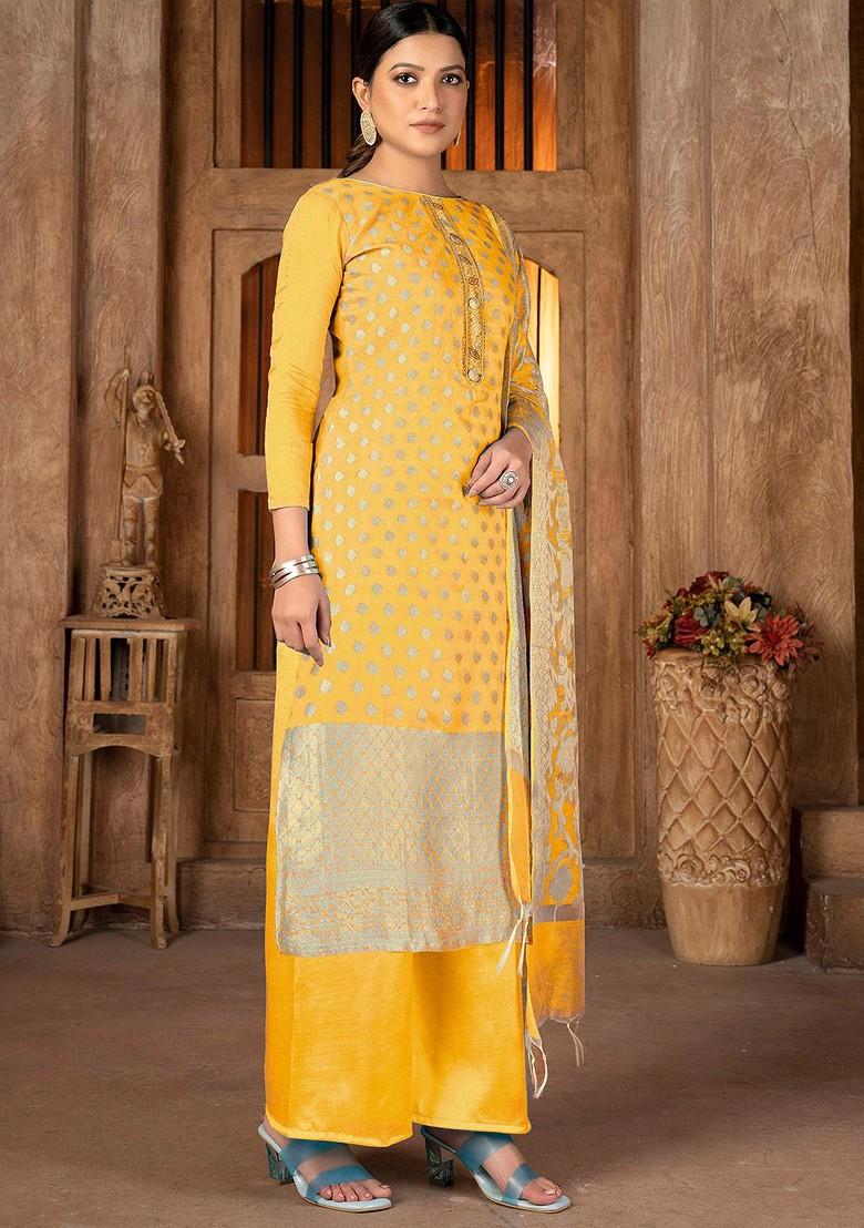 Yellow Ethnic Motifs Woven Poly Blend Kurta Set