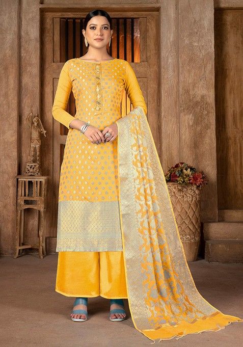 Yellow Ethnic Motifs Woven Poly Blend Kurta Set