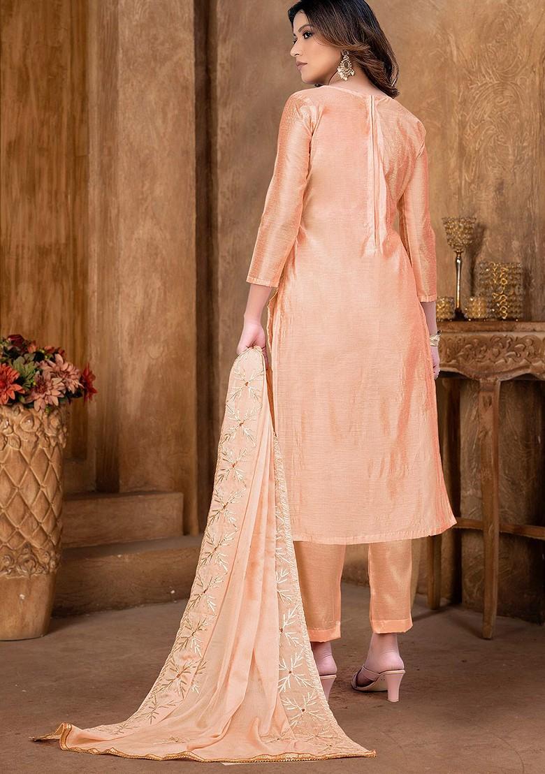 Peach Ethnic Motifs Embroidered Poly Blend Kurta Set