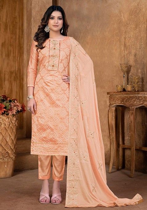 Peach Ethnic Motifs Embroidered Poly Blend Kurta Set