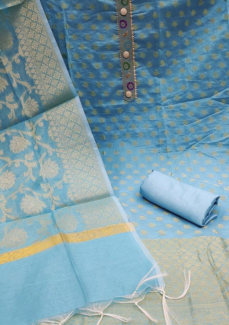 Blue Ethnic Motifs Woven Poly Blend Kurta Set