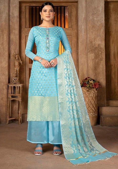 Blue Ethnic Motifs Woven Poly Blend Kurta Set