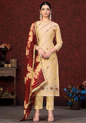 Mustard Yellow Floral Embroidered Poly Blend Kurta Set