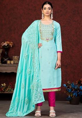 Blue Ethnic Motifs Embroidered Poly Blend Kurta Set